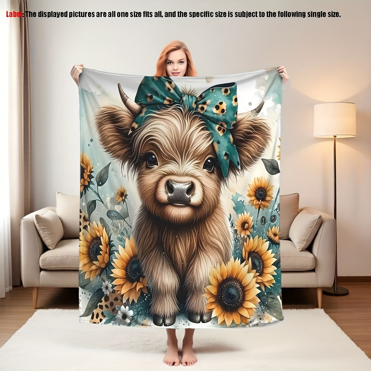 Highland Home Textiles - بطانية فلانيل ناعمة بطبعة بقرة هايلاند