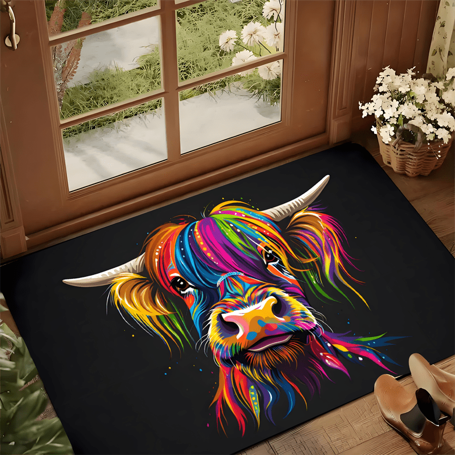 Highland Home Textiles - سجادة ترحيب ملونة بتصميم بقرة هايلاند،