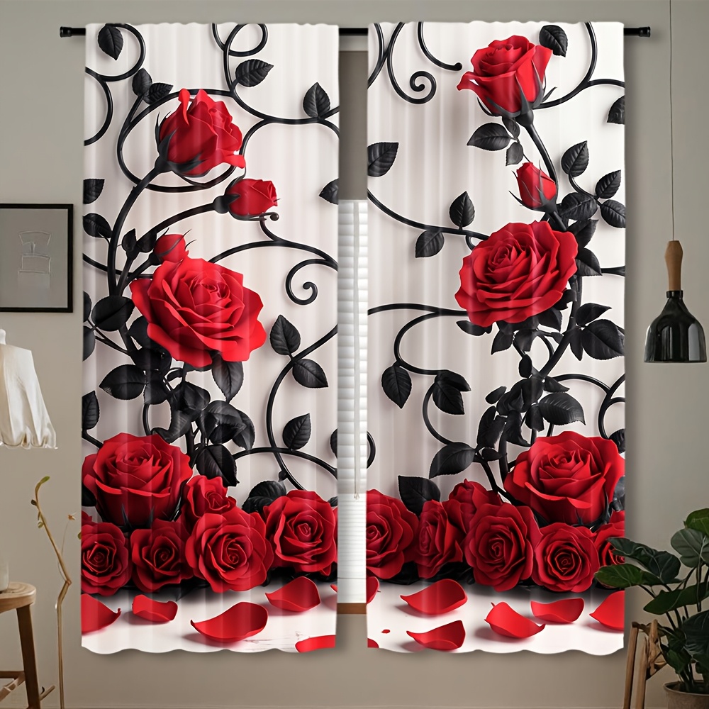 Home Textiles Luxury Curtains - ستائر فاخرة بنمط الورد الأحمر، ستائر